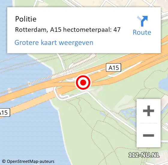 Locatie op kaart van de 112 melding: Politie Rotterdam, A15 hectometerpaal: 47 op 5 mei 2022 14:49