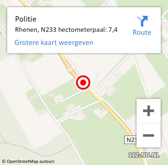 Locatie op kaart van de 112 melding: Politie Rhenen, N233 hectometerpaal: 7,4 op 5 mei 2022 15:04