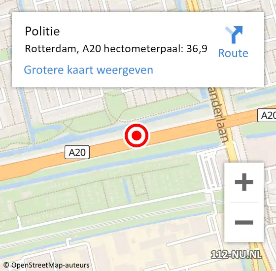 Locatie op kaart van de 112 melding: Politie Rotterdam, A20 hectometerpaal: 36,9 op 5 mei 2022 17:16