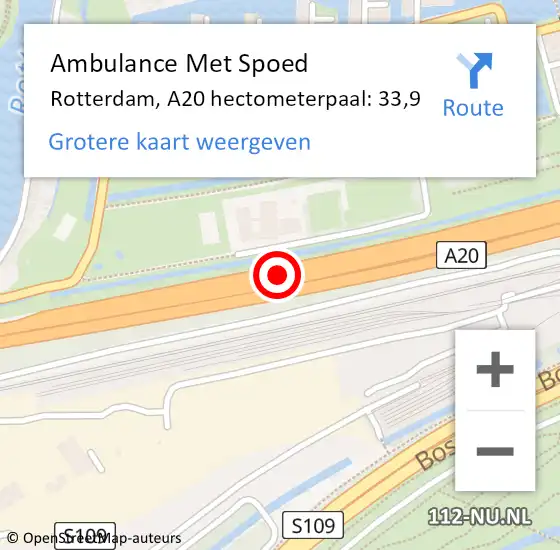 Locatie op kaart van de 112 melding: Ambulance Met Spoed Naar Rotterdam, A20 hectometerpaal: 33,9 op 5 mei 2022 17:26