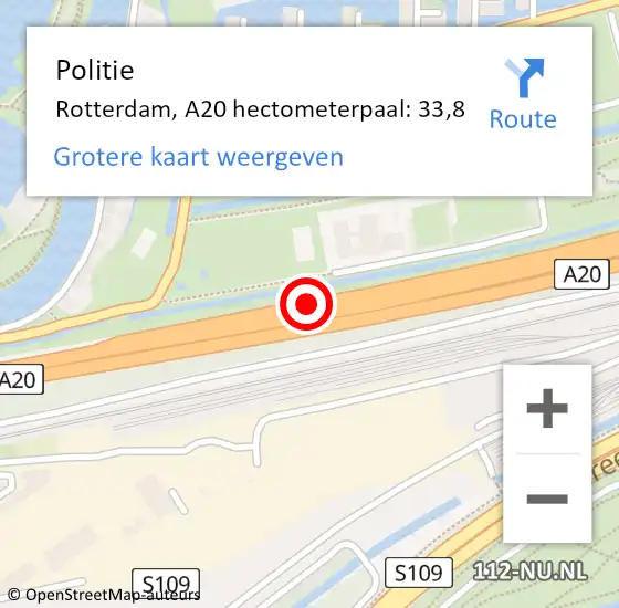 Locatie op kaart van de 112 melding: Politie Rotterdam, A20 hectometerpaal: 33,8 op 5 mei 2022 17:27