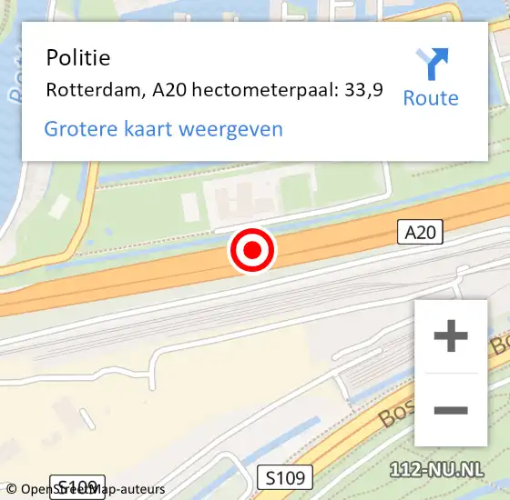 Locatie op kaart van de 112 melding: Politie Rotterdam, A20 hectometerpaal: 33,9 op 5 mei 2022 17:27