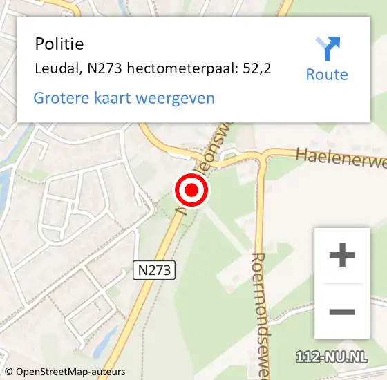 Locatie op kaart van de 112 melding: Politie Leudal, N273 hectometerpaal: 52,2 op 5 mei 2022 17:51