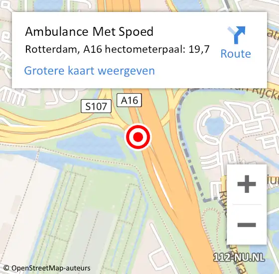 Locatie op kaart van de 112 melding: Ambulance Met Spoed Naar Rotterdam, A16 hectometerpaal: 19,7 op 5 mei 2022 18:40