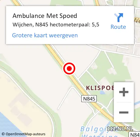 Locatie op kaart van de 112 melding: Ambulance Met Spoed Naar Wijchen, N845 hectometerpaal: 5,5 op 5 mei 2022 19:38