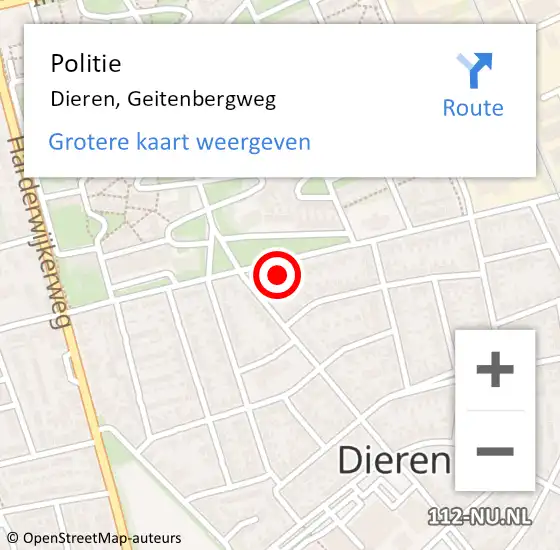 Locatie op kaart van de 112 melding: Politie Dieren, Geitenbergweg op 5 mei 2022 21:52