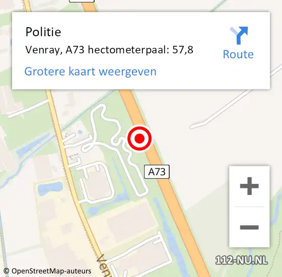 Locatie op kaart van de 112 melding: Politie Venray, A73 hectometerpaal: 57,8 op 5 mei 2022 22:54