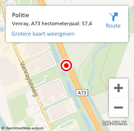 Locatie op kaart van de 112 melding: Politie Venray, A73 hectometerpaal: 57,4 op 5 mei 2022 22:54