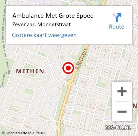 Locatie op kaart van de 112 melding: Ambulance Met Grote Spoed Naar Zevenaar, Monnetstraat op 6 mei 2022 04:26