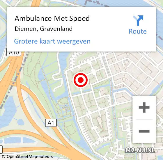 Locatie op kaart van de 112 melding: Ambulance Met Spoed Naar Diemen, Gravenland op 6 mei 2022 05:54