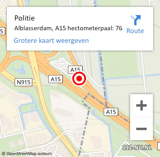 Locatie op kaart van de 112 melding: Politie Alblasserdam, A15 hectometerpaal: 76 op 6 mei 2022 07:12