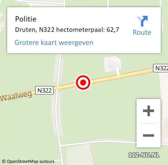 Locatie op kaart van de 112 melding: Politie Druten, N322 hectometerpaal: 62,7 op 6 mei 2022 08:09