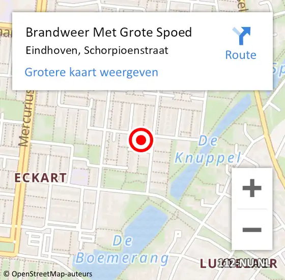 Locatie op kaart van de 112 melding: Brandweer Met Grote Spoed Naar Eindhoven, Schorpioenstraat op 6 mei 2022 10:17