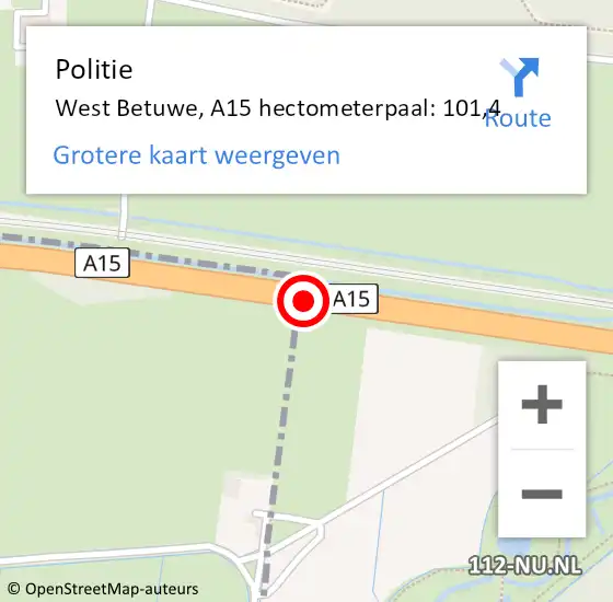 Locatie op kaart van de 112 melding: Politie West Betuwe, A15 hectometerpaal: 101,4 op 6 mei 2022 12:33