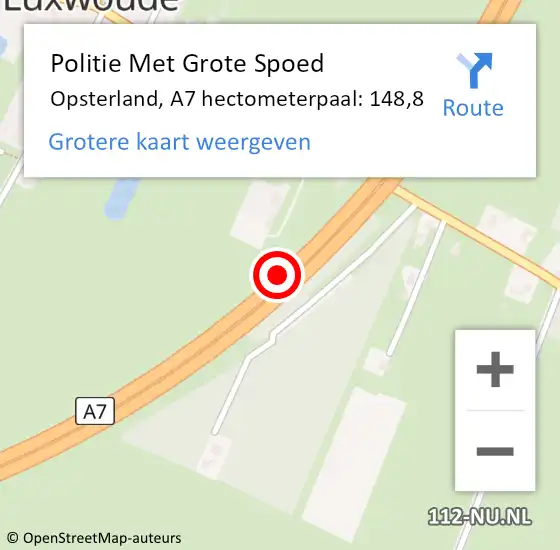 Locatie op kaart van de 112 melding: Politie Met Grote Spoed Naar Opsterland, A7 hectometerpaal: 148,8 op 6 mei 2022 12:44