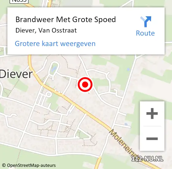 Locatie op kaart van de 112 melding: Brandweer Met Grote Spoed Naar Diever, Van Osstraat op 6 mei 2022 14:00