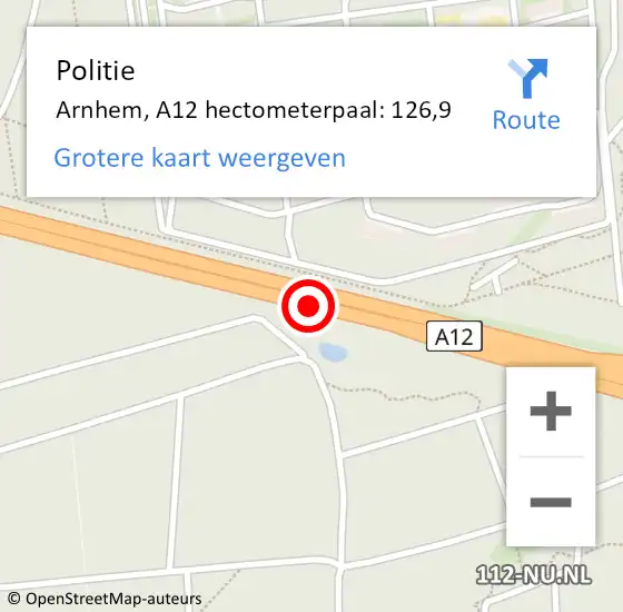 Locatie op kaart van de 112 melding: Politie Arnhem, A12 hectometerpaal: 126,9 op 6 mei 2022 14:21