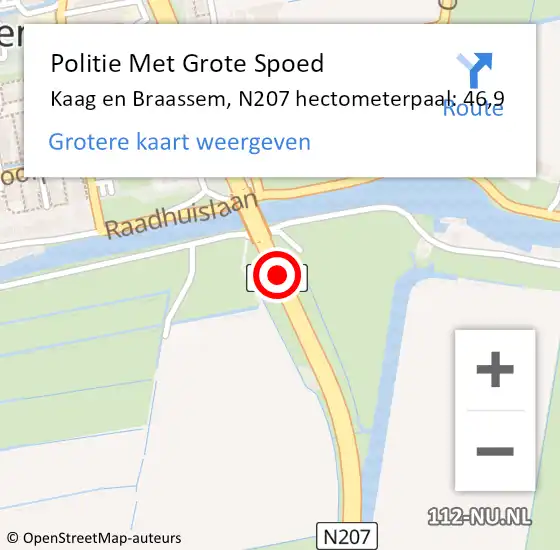 Locatie op kaart van de 112 melding: Politie Met Grote Spoed Naar Kaag en Braassem, N207 hectometerpaal: 46,9 op 6 mei 2022 14:59