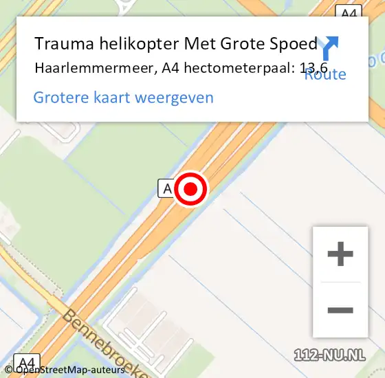 Locatie op kaart van de 112 melding: Trauma helikopter Met Grote Spoed Naar Haarlemmermeer, A4 hectometerpaal: 13,6 op 6 mei 2022 15:45