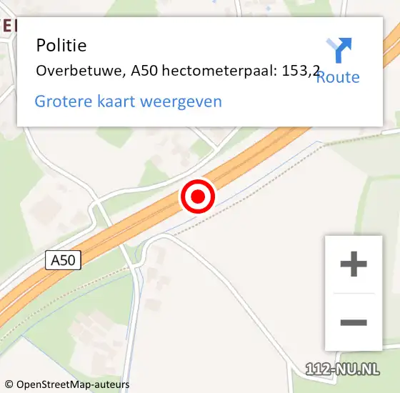 Locatie op kaart van de 112 melding: Politie Overbetuwe, A50 hectometerpaal: 153,2 op 6 mei 2022 15:57
