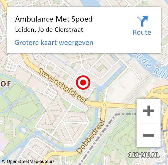 Locatie op kaart van de 112 melding: Ambulance Met Spoed Naar Leiden, Jo de Clerstraat op 6 mei 2022 16:53