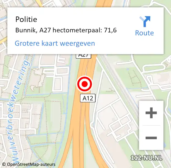 Locatie op kaart van de 112 melding: Politie Bunnik, A27 hectometerpaal: 71,6 op 6 mei 2022 17:03