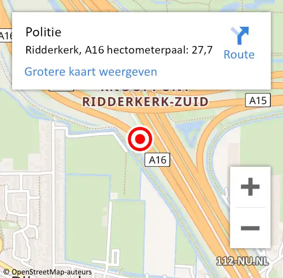 Locatie op kaart van de 112 melding: Politie Ridderkerk, A16 hectometerpaal: 27,7 op 6 mei 2022 17:21