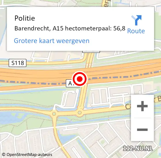 Locatie op kaart van de 112 melding: Politie Barendrecht, A15 hectometerpaal: 56,8 op 6 mei 2022 17:25