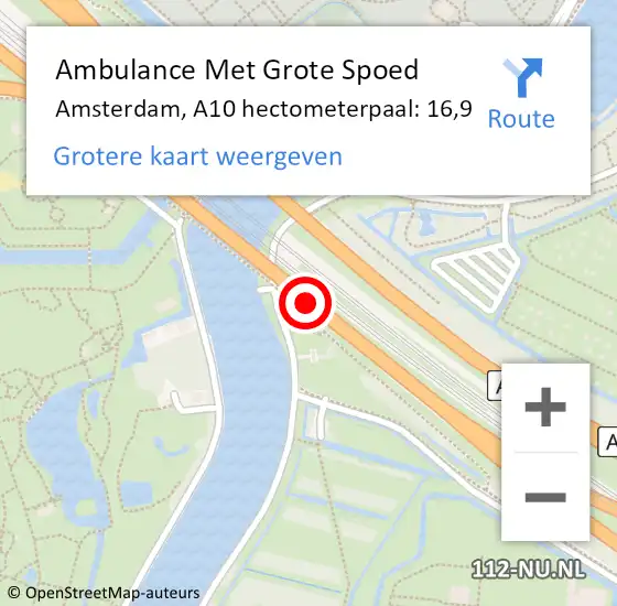 Locatie op kaart van de 112 melding: Ambulance Met Grote Spoed Naar Amsterdam, A10 hectometerpaal: 16,9 op 6 mei 2022 17:30