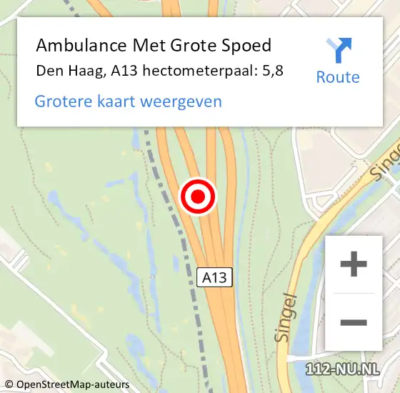 Locatie op kaart van de 112 melding: Ambulance Met Grote Spoed Naar Den Haag, A13 hectometerpaal: 5,8 op 6 mei 2022 21:03