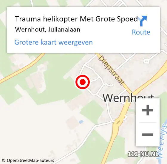 Locatie op kaart van de 112 melding: Trauma helikopter Met Grote Spoed Naar Wernhout, Julianalaan op 6 mei 2022 22:02