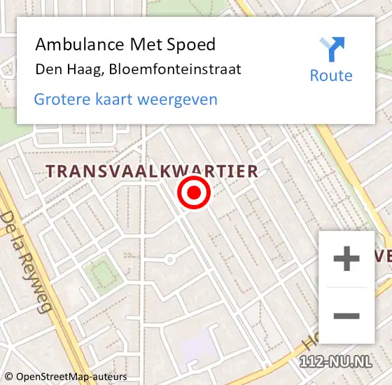 Locatie op kaart van de 112 melding: Ambulance Met Spoed Naar Den Haag, Bloemfonteinstraat op 7 mei 2022 03:13