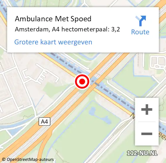 Locatie op kaart van de 112 melding: Ambulance Met Spoed Naar Amsterdam, A4 hectometerpaal: 3,2 op 7 mei 2022 05:07