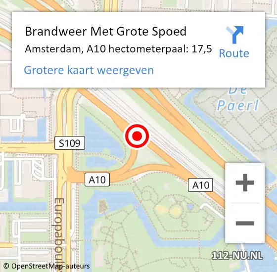 Locatie op kaart van de 112 melding: Brandweer Met Grote Spoed Naar Amsterdam, A10 hectometerpaal: 17,5 op 7 mei 2022 07:10