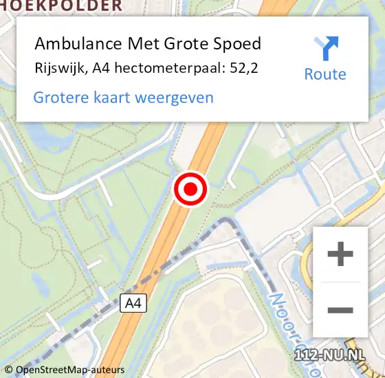 Locatie op kaart van de 112 melding: Ambulance Met Grote Spoed Naar Rijswijk, A4 hectometerpaal: 52,2 op 7 mei 2022 07:18