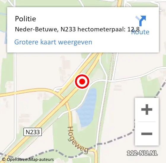 Locatie op kaart van de 112 melding: Politie Neder-Betuwe, N233 hectometerpaal: 12,8 op 7 mei 2022 07:24