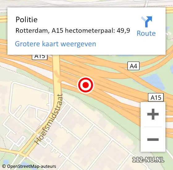 Locatie op kaart van de 112 melding: Politie Rotterdam, A15 hectometerpaal: 49,9 op 7 mei 2022 09:21