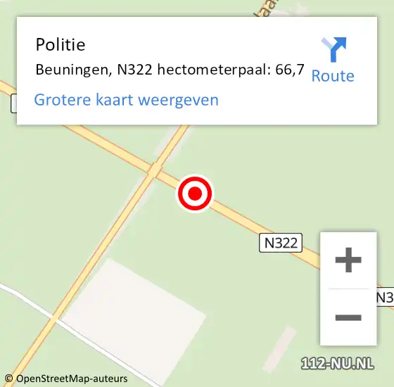 Locatie op kaart van de 112 melding: Politie Beuningen, N322 hectometerpaal: 66,7 op 7 mei 2022 09:27