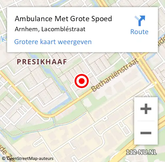 Locatie op kaart van de 112 melding: Ambulance Met Grote Spoed Naar Arnhem, Lacombléstraat op 7 mei 2022 09:29