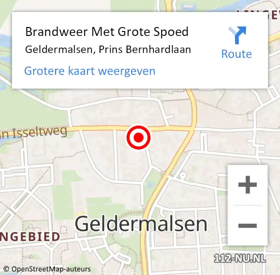 Locatie op kaart van de 112 melding: Brandweer Met Grote Spoed Naar Geldermalsen, Prins Bernhardlaan op 7 mei 2022 10:01