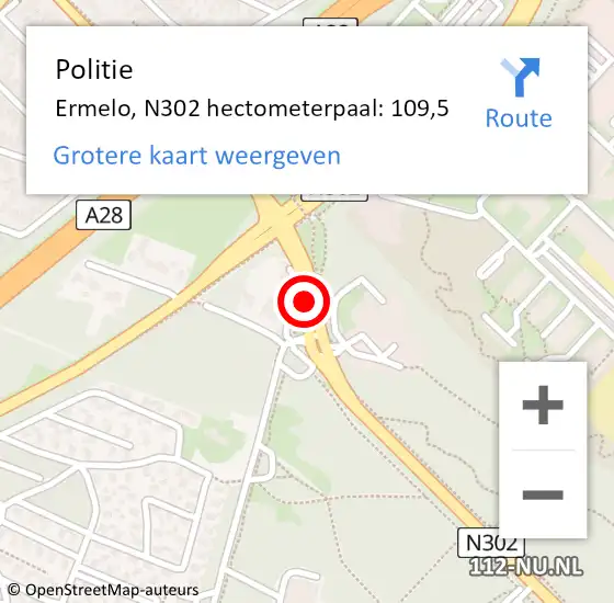 Locatie op kaart van de 112 melding: Politie Ermelo, N302 hectometerpaal: 109,5 op 7 mei 2022 14:09