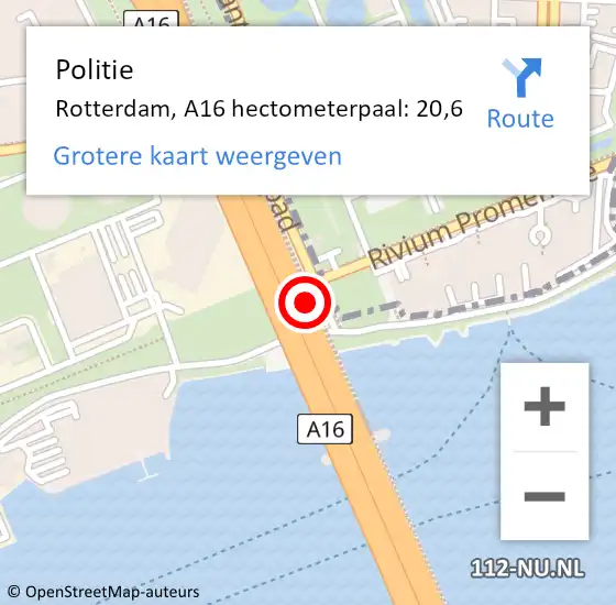 Locatie op kaart van de 112 melding: Politie Rotterdam, A16 hectometerpaal: 20,6 op 7 mei 2022 14:10