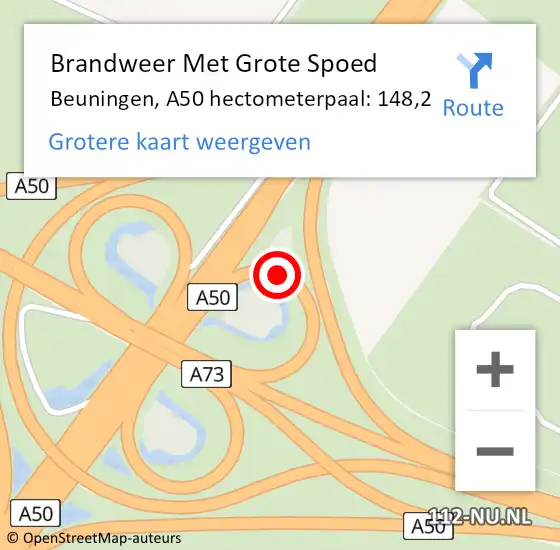 Locatie op kaart van de 112 melding: Brandweer Met Grote Spoed Naar Beuningen, A50 hectometerpaal: 148,2 op 7 mei 2022 15:12