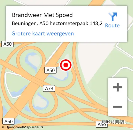 Locatie op kaart van de 112 melding: Brandweer Met Spoed Naar Beuningen, A50 hectometerpaal: 148,2 op 7 mei 2022 15:12