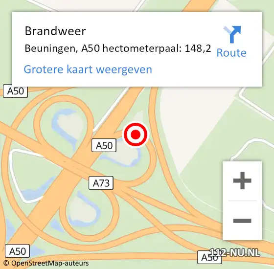 Locatie op kaart van de 112 melding: Brandweer Beuningen, A50 hectometerpaal: 148,2 op 7 mei 2022 15:26