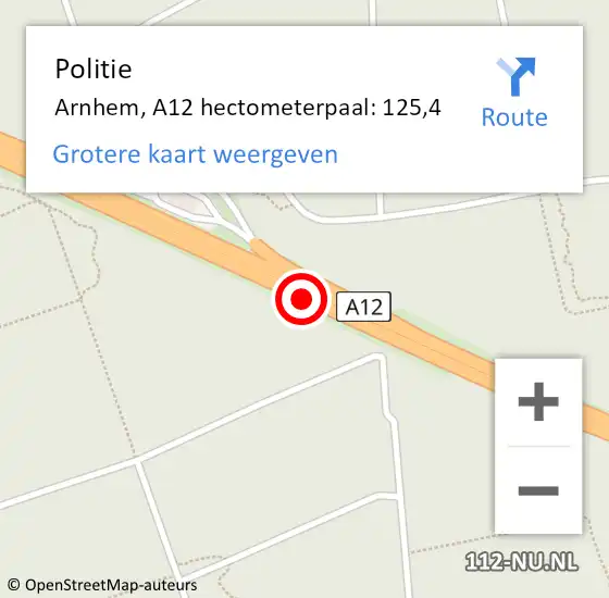 Locatie op kaart van de 112 melding: Politie Arnhem, A12 hectometerpaal: 125,4 op 7 mei 2022 15:46