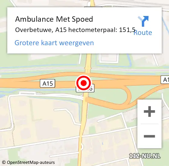 Locatie op kaart van de 112 melding: Ambulance Met Spoed Naar Overbetuwe, A15 hectometerpaal: 151,5 op 7 mei 2022 16:09