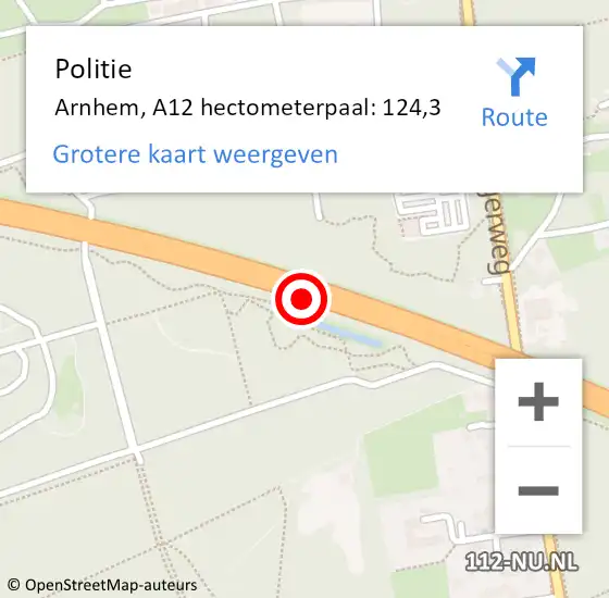 Locatie op kaart van de 112 melding: Politie Arnhem, A12 hectometerpaal: 124,3 op 7 mei 2022 16:21
