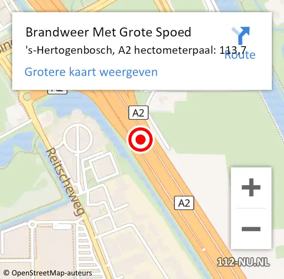 Locatie op kaart van de 112 melding: Brandweer Met Grote Spoed Naar 's-Hertogenbosch, A2 hectometerpaal: 113,7 op 7 mei 2022 17:12