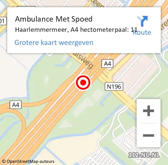 Locatie op kaart van de 112 melding: Ambulance Met Spoed Naar Haarlemmermeer, A4 hectometerpaal: 11 op 7 mei 2022 17:58